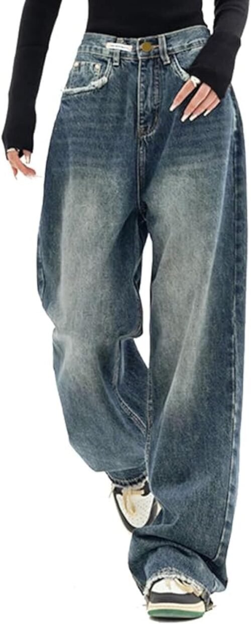 Women Baggy Jeans Mid-Low Waist Boyfriend Streetwear Vintage Jeans Wide Leg Denim Pants