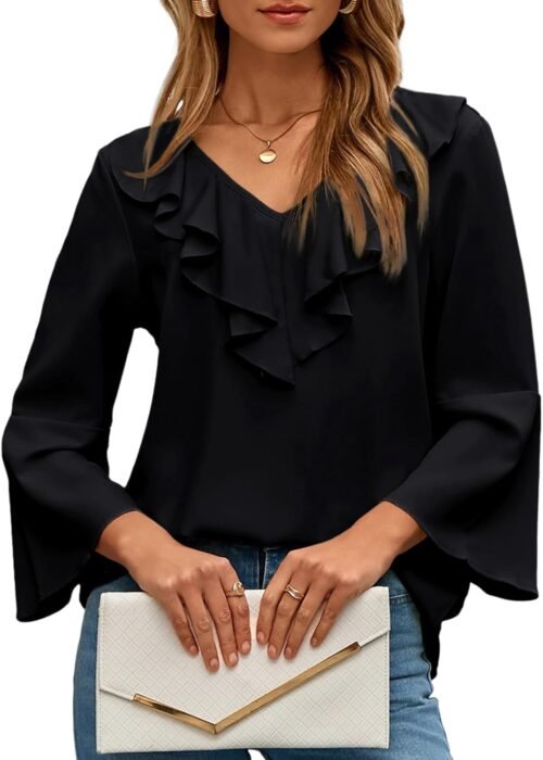 Womens Dressy Casual Blouses 3/4 Sleeve Fall Tops  Ruffle V Neck Business Shirts