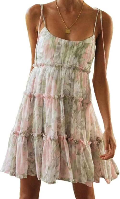 Women's  Summer Floral Mini Dress Boho Flowy Skater Dresses Short Sleeveless Ruffle Spaghetti Strap Dress
