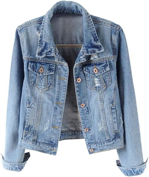 Women Denim Jackets Distressed Ripped Long Sleeve Jean Jacket Coats
