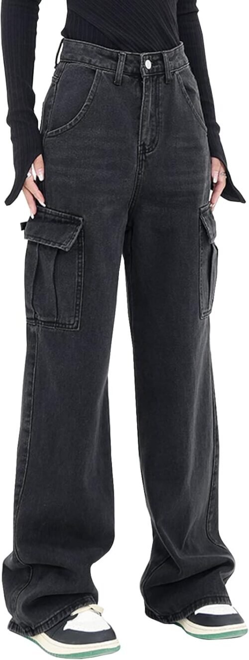 Women's High Waisted Cargo Jeans Straight Wide Leg Stretch Baggy Jean  Casual Loose Denim Cargo Pants Trousers