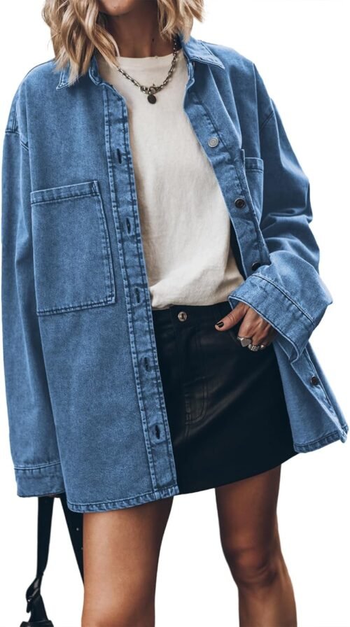 Women d Jean Jacket Casual Button Up Denim Overshirt Trendy Long Sleeve Denim Jacket Coat