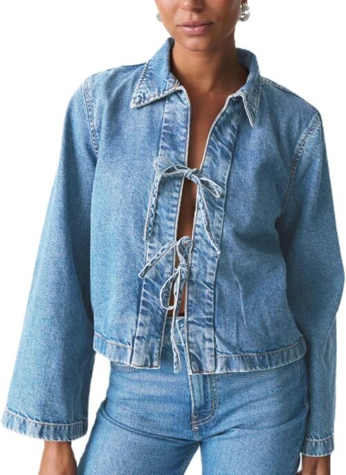 Women Fashion Cropped Denim Jacket Tie Front Lapel Neck Long Sleeve Jean Coat Lightweight Shacket Fall Blouse