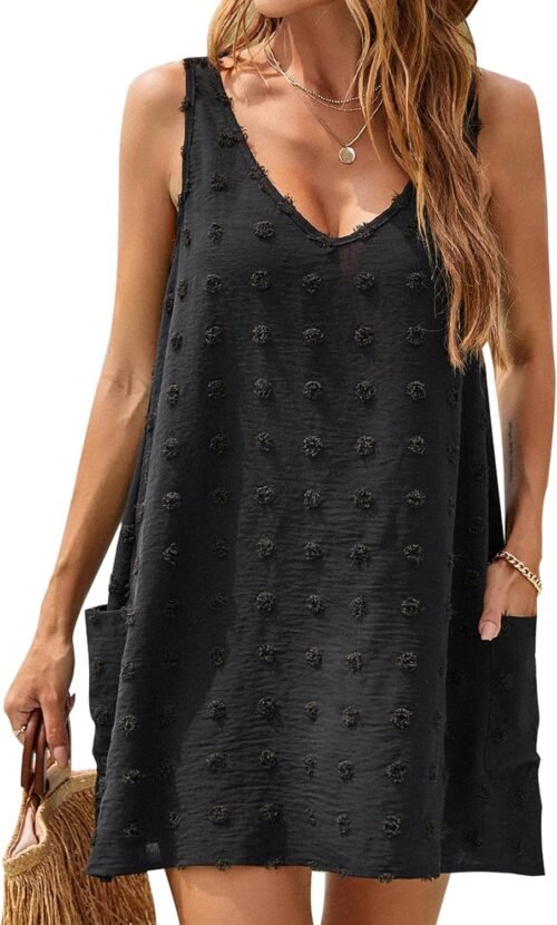 Women's Casual Sun Summer Dresses Swiss  Beach Cover Up V Neck Tank Dress with Pockets